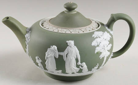 Cream Color on Celadon Jasperware Teapot & Lid