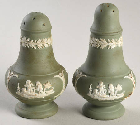 Cream Color on Celadon Jasperware Salt & Pepper Set