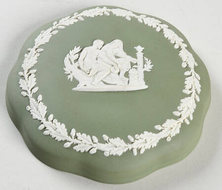 Cream Color on Celadon Jasperware Lid for Large Scalloped Candy Box