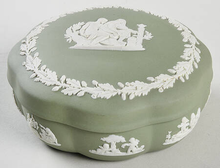 Cream Color on Celadon Jasperware Large Scalloped Candy Box & Lid