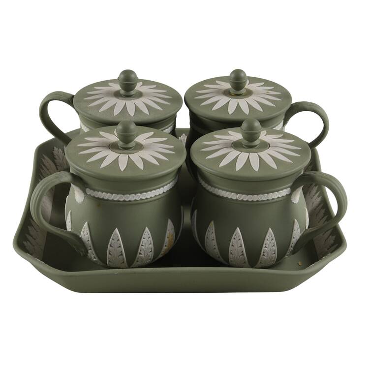 Cream Color on Celadon Jasperware Pot De Creme Set (Tray with 4 Pots)