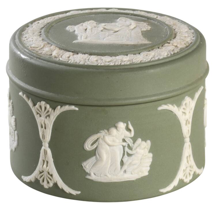 Cream Color on Celadon Jasperware Round Box & Lid