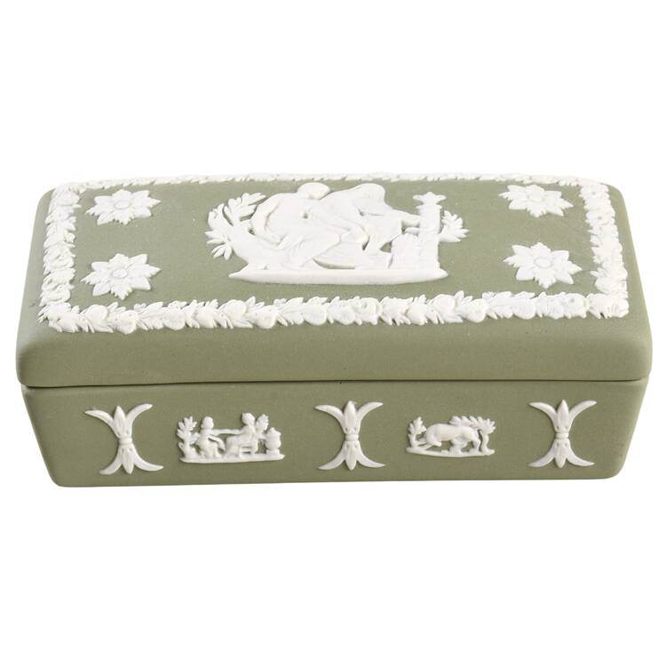 Cream Color on Celadon Jasperware 3" Rectangular Box & Lid
