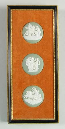 Cream Color on Celadon Jasperware Triple Plaque with Wood Frame