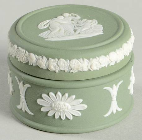 Cream Color on Celadon Jasperware Round Miniature Box