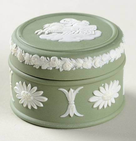 Cream Color on Celadon Jasperware Miniature Round Box