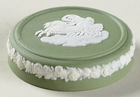 Cream Color on Celadon Jasperware Lid for Miniature Round Box
