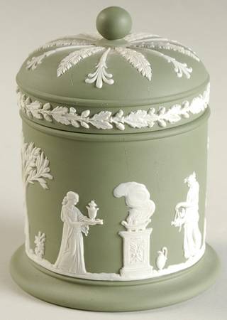 Cream Color on Celadon Jasperware Olympus Jar & Lid
