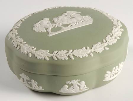 Cream Color on Celadon Jasperware Large Scalloped Candy Box & Lid