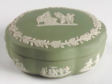 Cream Color on Celadon Jasperware Large Scalloped Candy Box & Lid