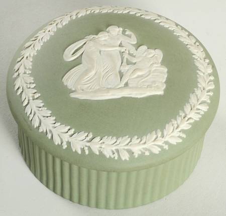 Cream Color on Celadon Jasperware 2" Round Fluted Box & Lid