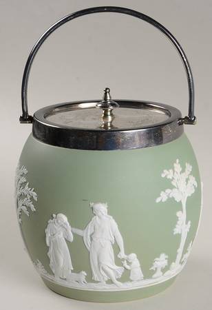 Cream Color on Celadon Jasperware Biscuit Barrel & Lid