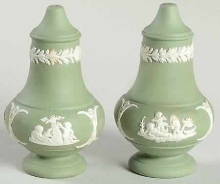 Cream Color on Celadon Jasperware Salt & Pepper Set