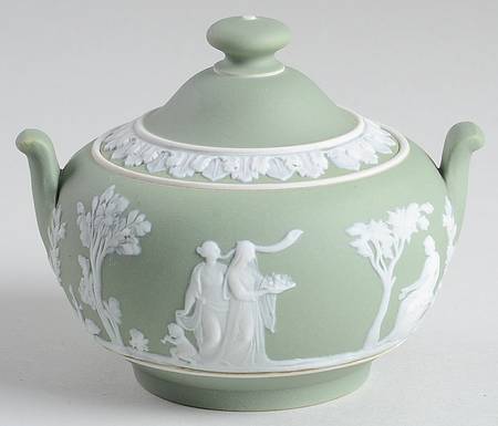 Cream Color on Celadon Jasperware Sugar Bowl & Lid