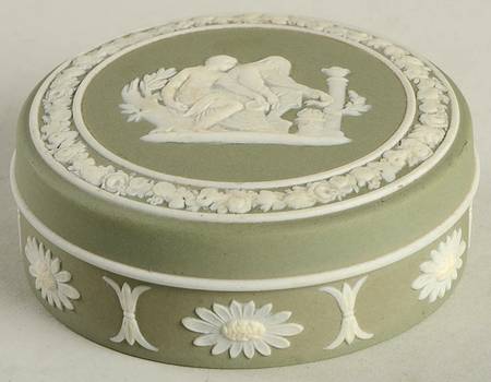 Cream Color on Celadon Jasperware 3" Round Box & Lid