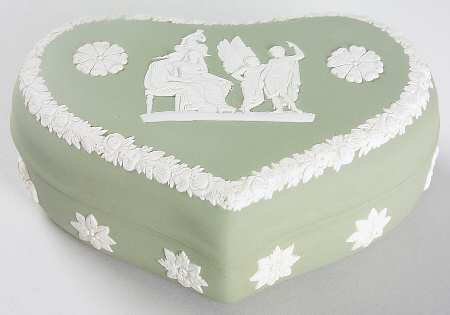 Cream Color on Celadon Jasperware Heart Shape Box & Lid