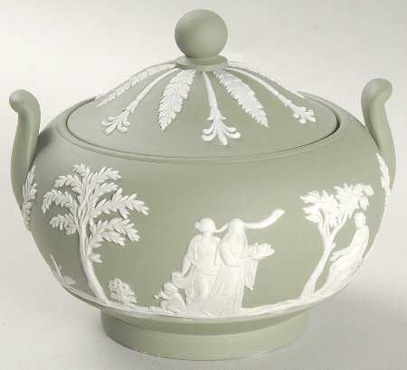 Cream Color on Celadon Jasperware Sugar Bowl & Lid