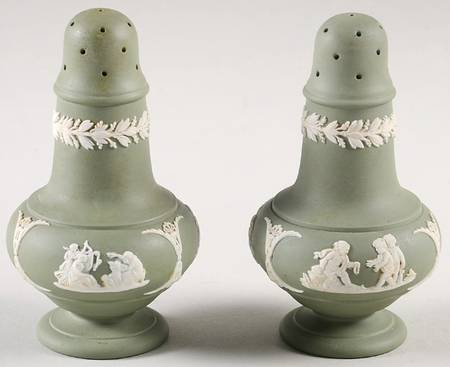 Cream Color on Celadon Jasperware Salt & Pepper Set
