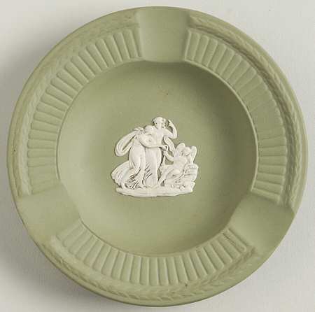 Cream Color on Celadon Jasperware Round Fluted 3-Slot Ashtray