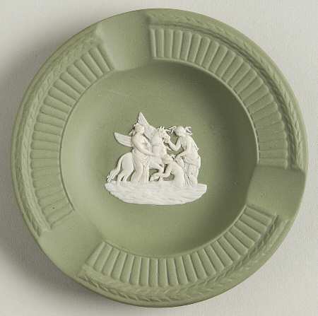 Cream Color on Celadon Jasperware Round Fluted 3-Slot Ashtray