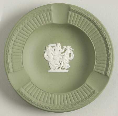 Cream Color on Celadon Jasperware Round Fluted 3-Slot Ashtray