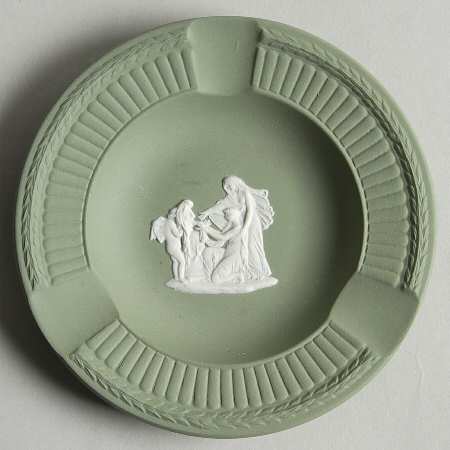 Cream Color on Celadon Jasperware Round Fluted 3-Slot Ashtray