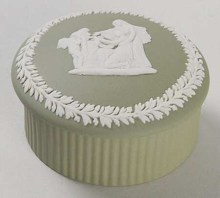 Cream Color on Celadon Jasperware 2" Round Fluted Box W/Lid