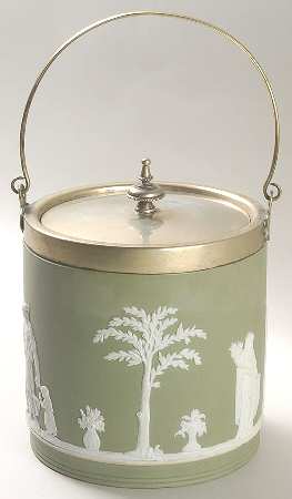 Cream Color on Celadon Jasperware Biscuit Barrel & Lid