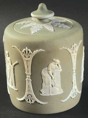 Cream Color on Celadon Jasperware Candy Jar & Lid