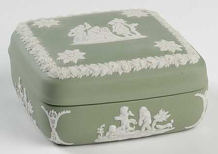 Cream Color on Celadon Jasperware Square Box with Lid