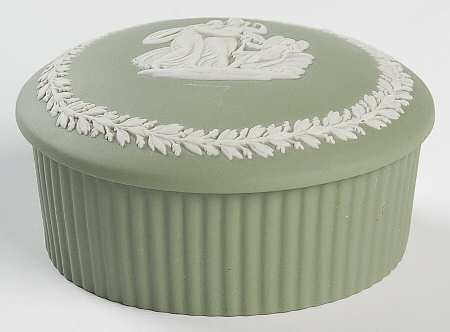 Cream Color on Celadon Jasperware 3" Round Fluted Box & Lid