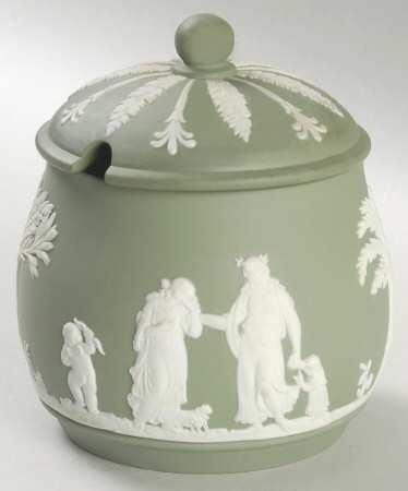 Cream Color on Celadon Jasperware Sugar Box & Lid