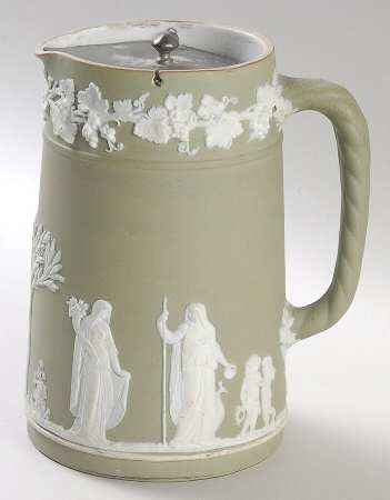 Cream Color on Celadon Jasperware 5" Etruscan Jug & Metal Lid