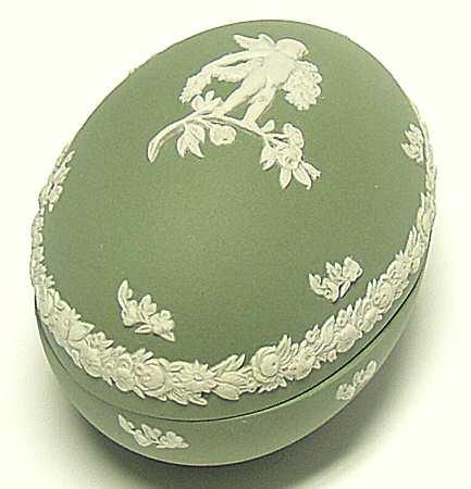 Cream Color on Celadon Jasperware Medium Egg Box & Lid
