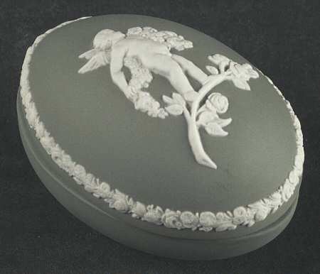 Cream Color on Celadon Jasperware Small Egg Box & Lid
