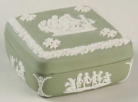 Cream Color on Celadon Jasperware Square Box with Lid