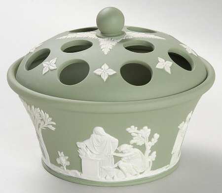 Cream Color on Celadon Jasperware Potpourri Jar & Lid