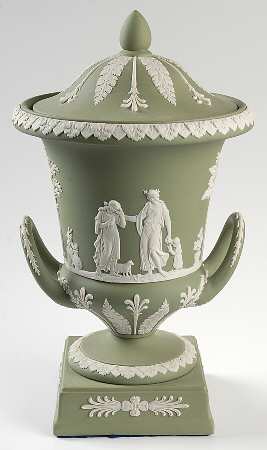 Cream Color on Celadon Jasperware Vase/Urn & Lid