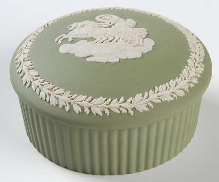Cream Color on Celadon Jasperware 3" Round Fluted Box & Lid