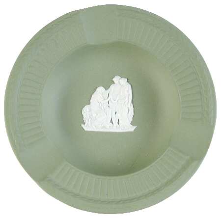 Cream Color on Celadon Jasperware Round Fluted 3-Slot Ashtray