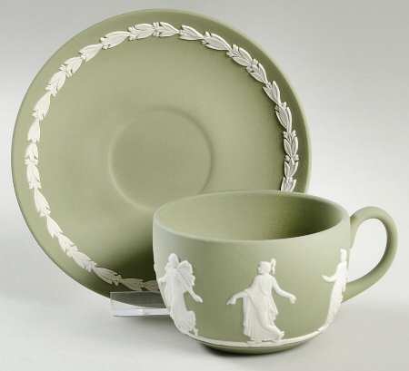 Cream Color on Celadon Jasperware Flat Cup & Saucer Set