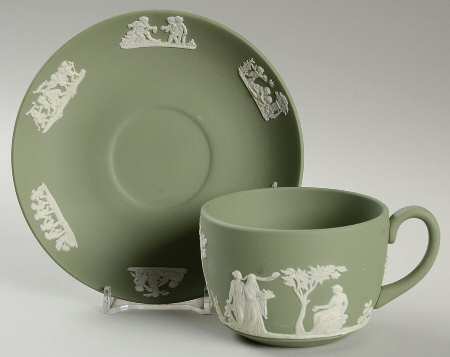 Cream Color on Celadon Jasperware Flat Cup & Saucer Set