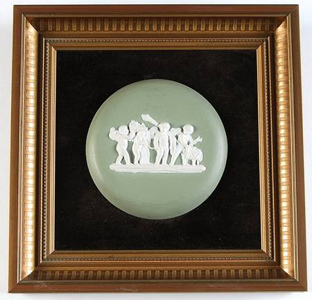 Cream Color on Celadon Jasperware Framed Plaque