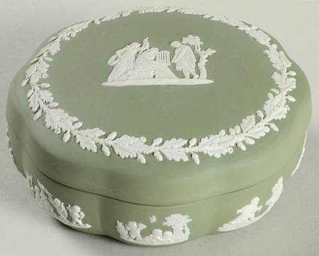 Cream Color on Celadon Jasperware Large Scalloped Candy Box & Lid