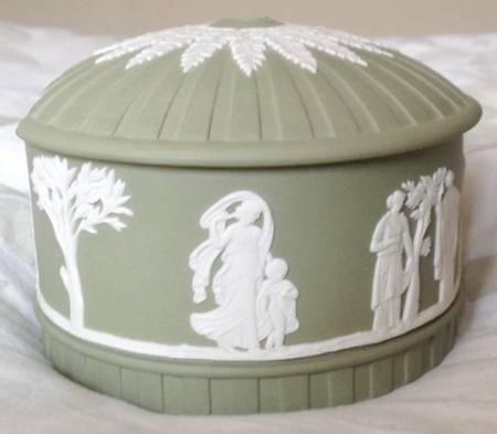 Cream Color on Celadon Jasperware Round Aphrodite Box with Lid
