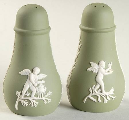 Cream Color on Celadon Jasperware Salt & Pepper Set