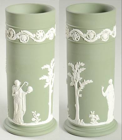 Cream Color on Celadon Jasperware 6" Spill Vase