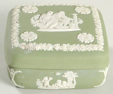 Cream Color on Celadon Jasperware Square Box with Lid