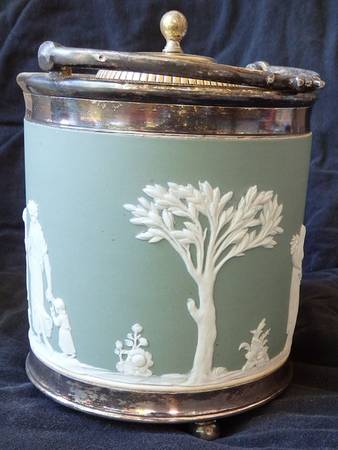 Cream Color on Celadon Jasperware Biscuit Barrel & Lid