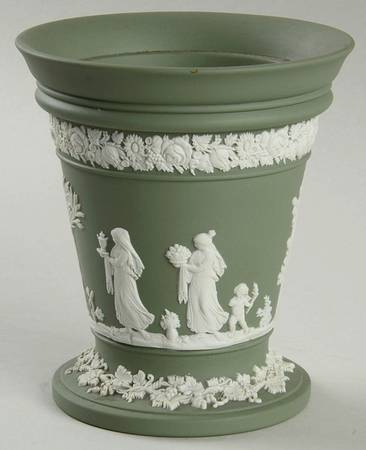 Cream Color on Celadon Jasperware Vase No Grid/Frog